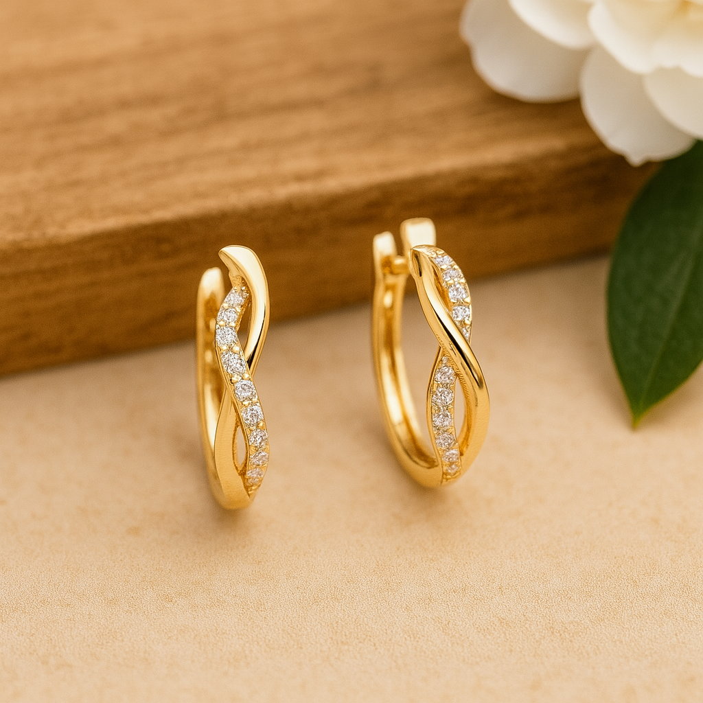 עגילים משובצים יהלומים טבעיים מזהב 14K – תמונה 2