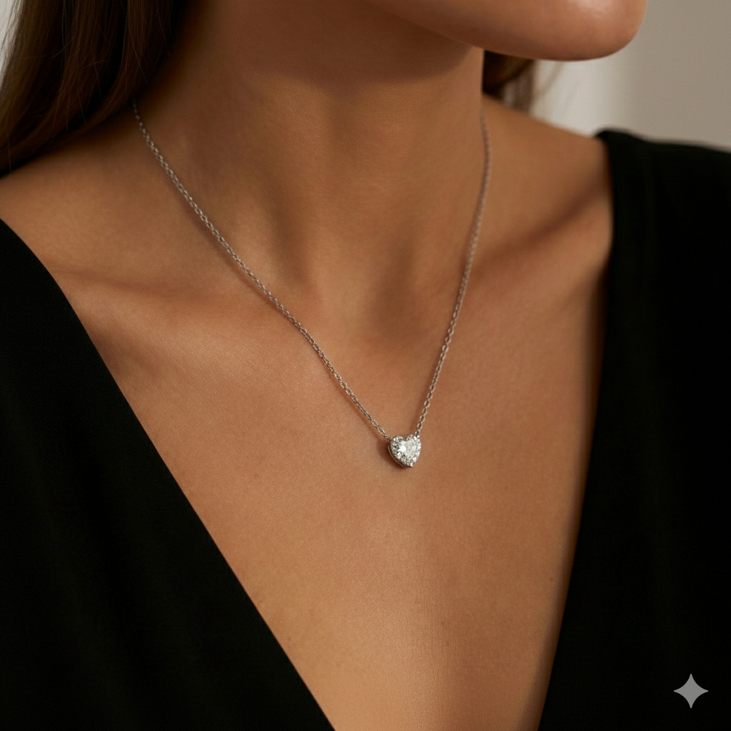 שרשרת סוליטר יהלום מעבדה לב מזהב 14K – תמונה 2