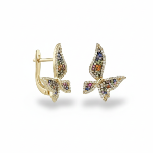 עגילי פרפר יהלומים ואבני חן טבעיים מזהב 14K