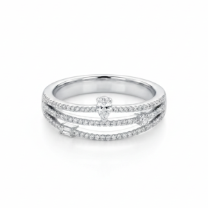 טבעת יהלומים טבעיים שלוש שורות עם אלמנטים מזהב 14K