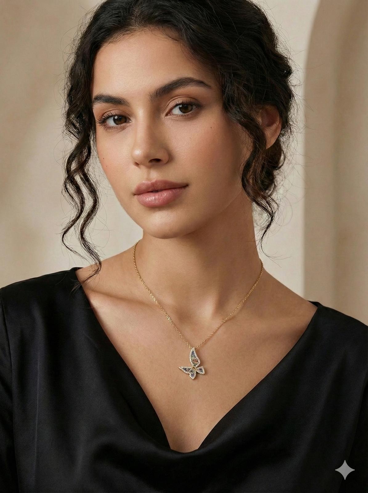 שרשרת פרפר יהלומים ואבני חן טבעיים מזהב 14K – תמונה 2